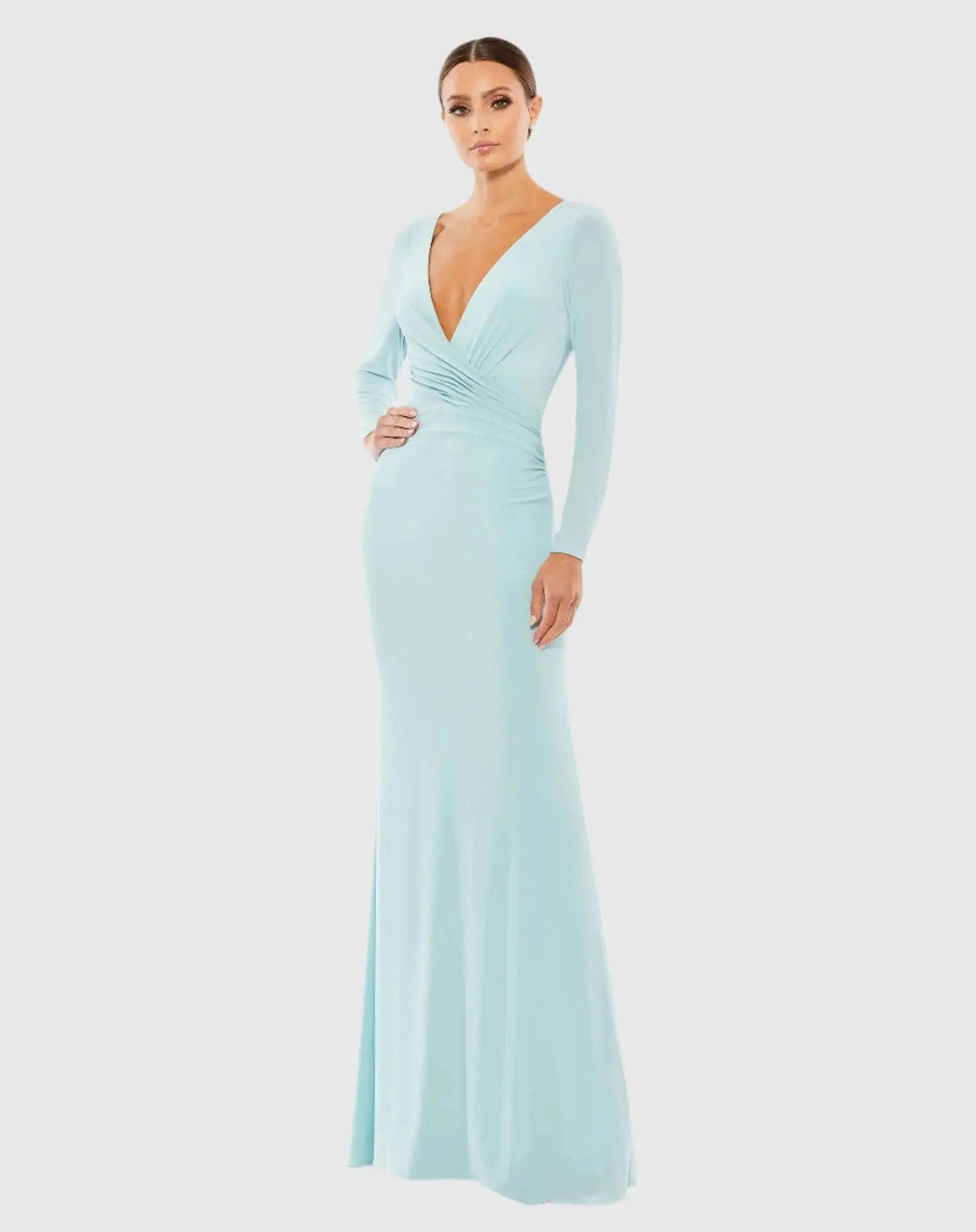 Blue Long Sleeve Ruched Jersey V-Neck Gown