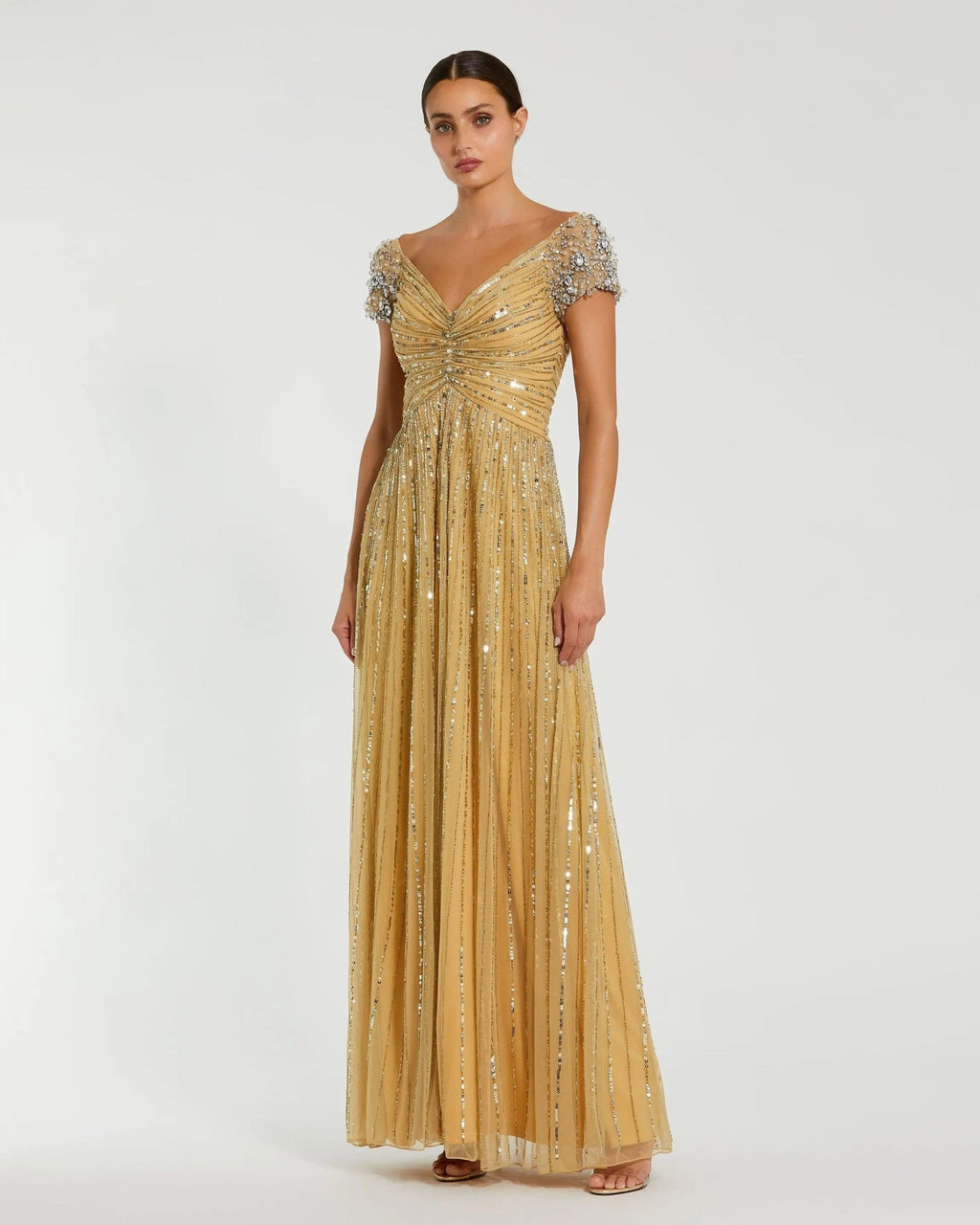 Gold Embellished V-Neck Cap Sleeve Gown