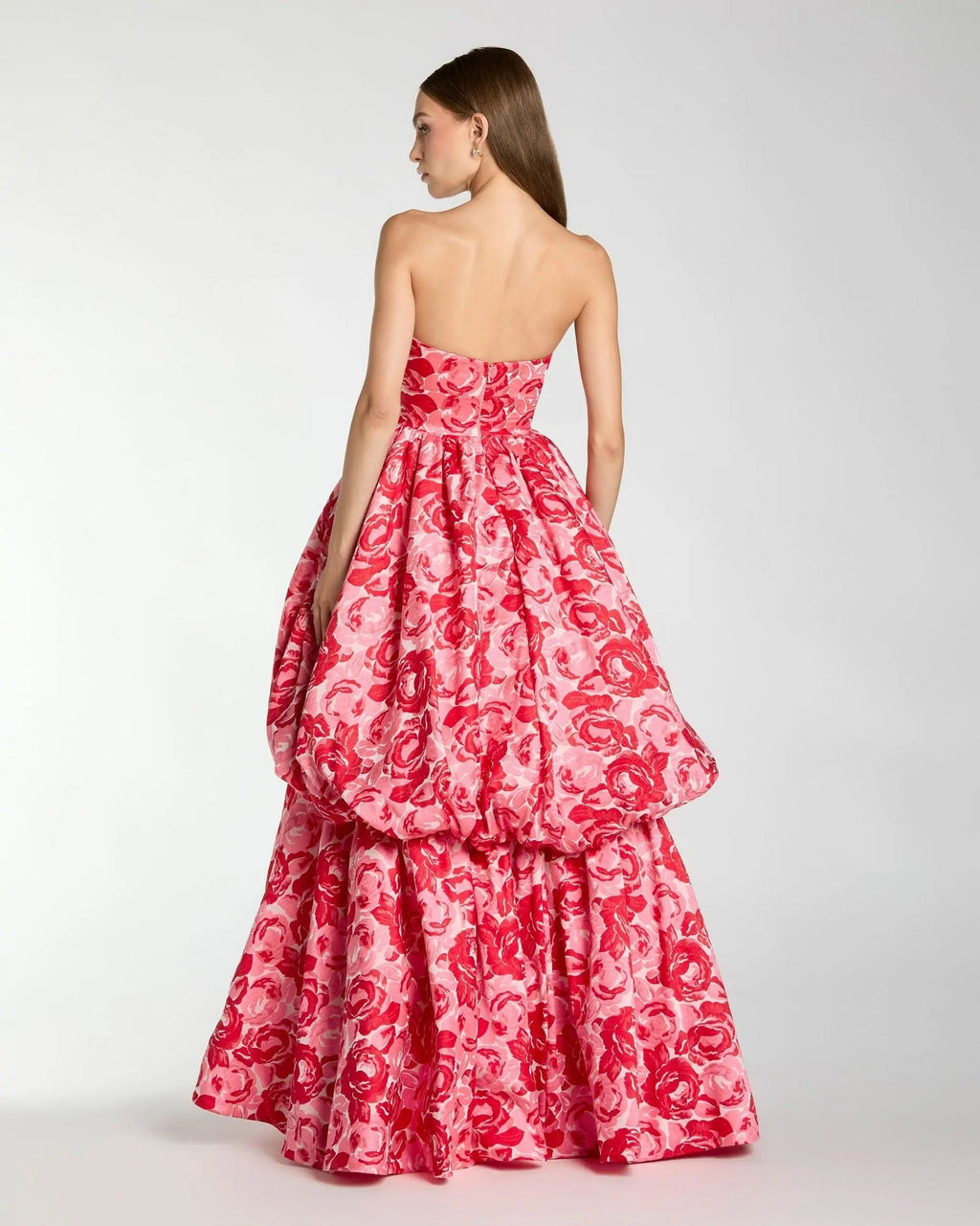 Pink Floral Brocade Strapless Bubble Hem Ball Gown