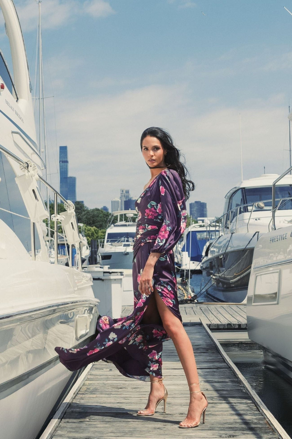 Purple Floral One Shoulder Charmeuse Gown With Slit