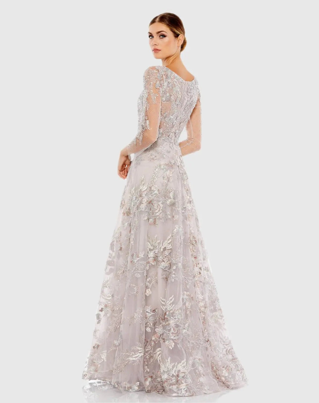 Purple Embroidered Illusion Long Sleeve A Line Gown