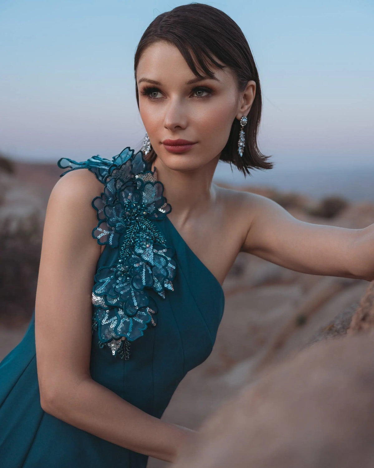 Ocean Blue One Shoulder Mermaid Gown With 3D Flowers