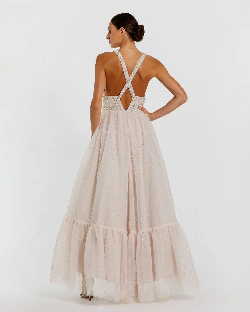 Porcelain Pearl Beaded High Low Gown