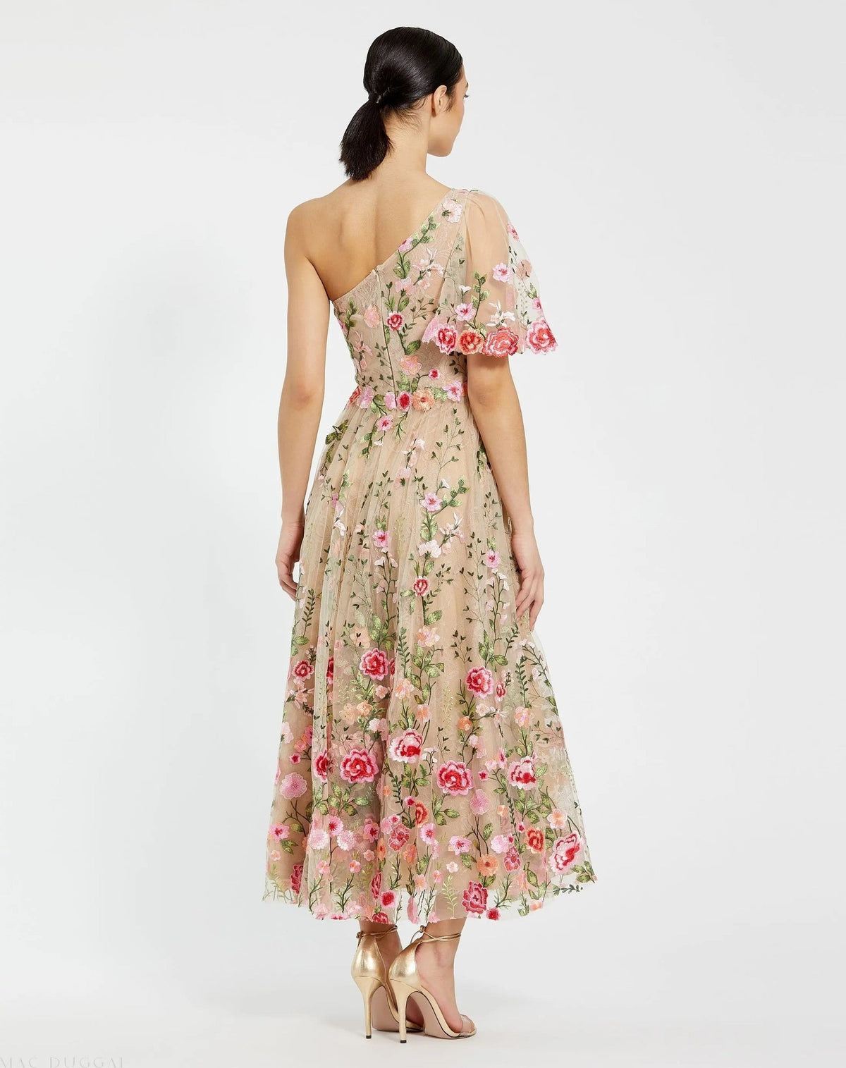 Pink One Shoulder Lace Embroidered Dress