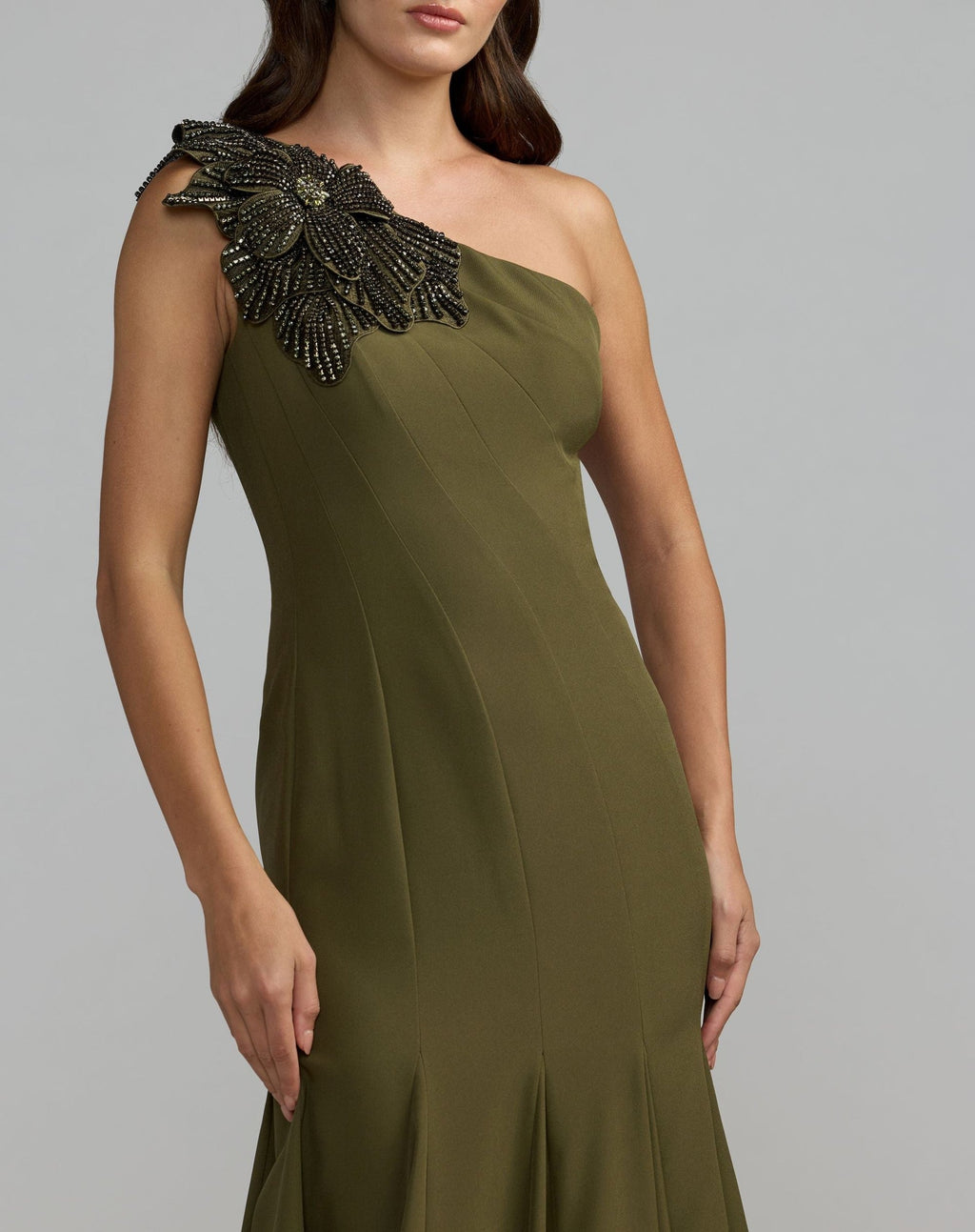 Olive One Shoulder Trumpet Gown With Crystal Flower