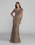 Beige Jersey Wrap Top Floral Sequin Gown