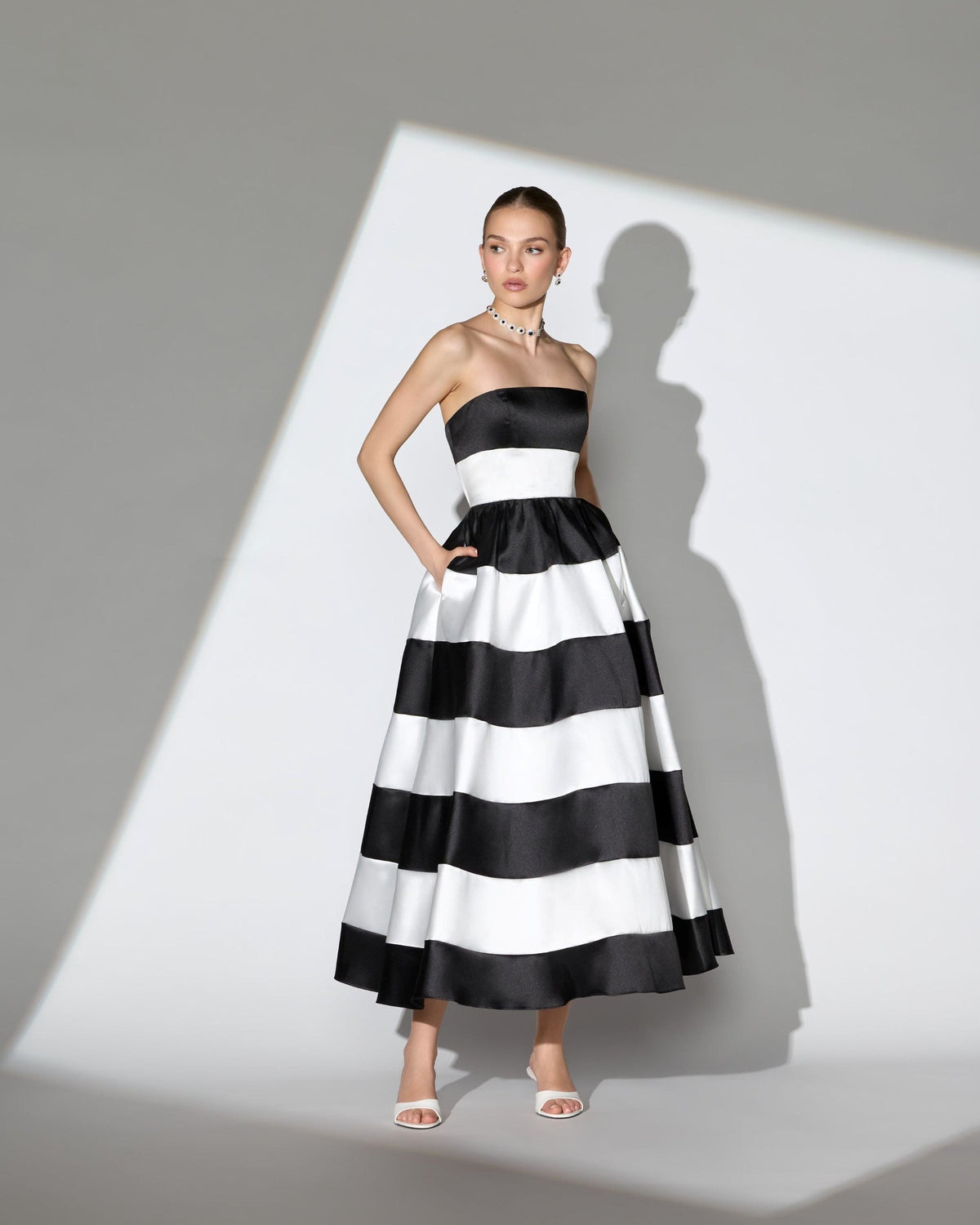 Black Ivory Striped Strapless Mikado Midi Dress