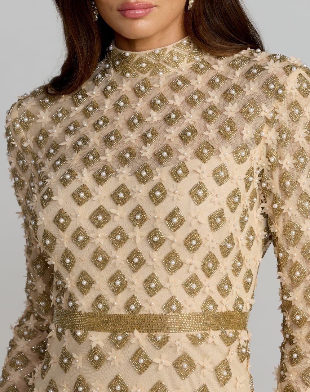 Gold Mock Neck Long Sleeve Embellished A-Line Gown