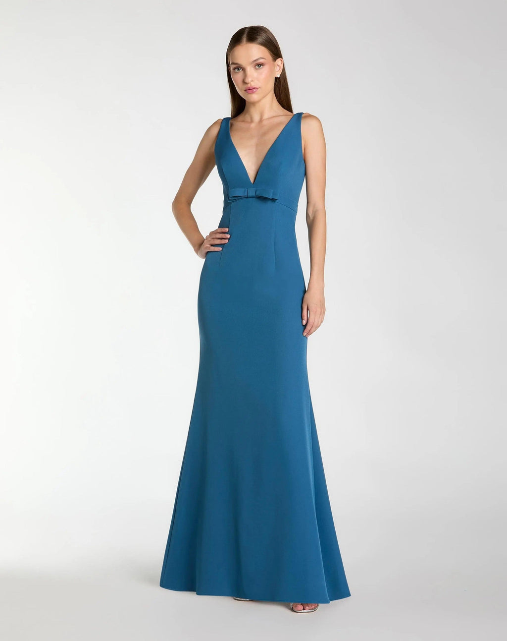 Ocean Crepe V-Neck Mermaid Gown With Bow