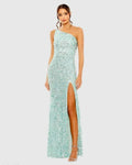 Blue Sequined One Shoulder Gown With Slit