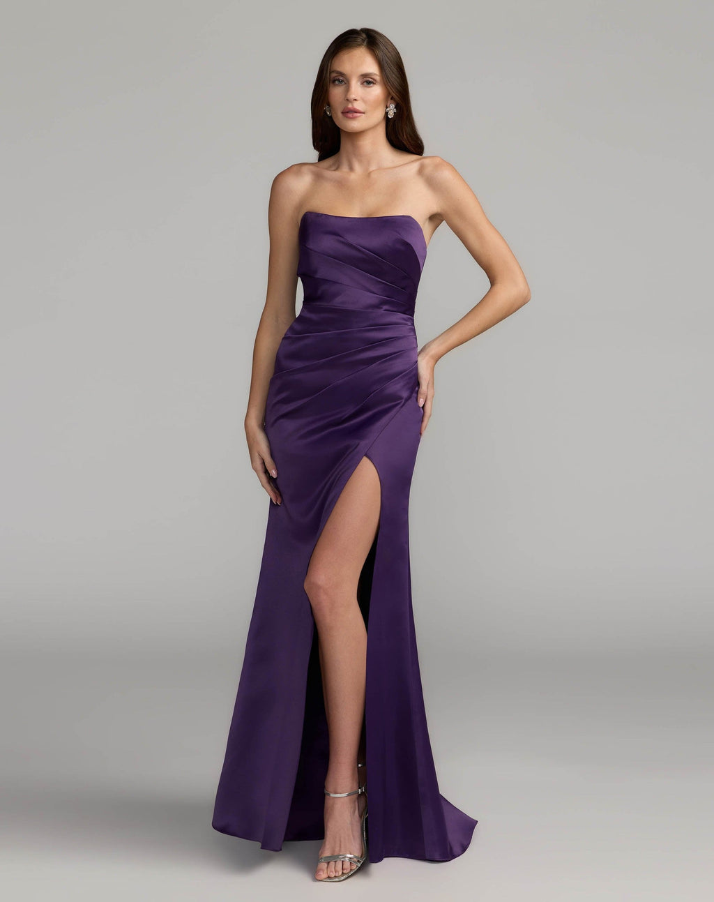 Purple Strapless Satin Gown With Slit