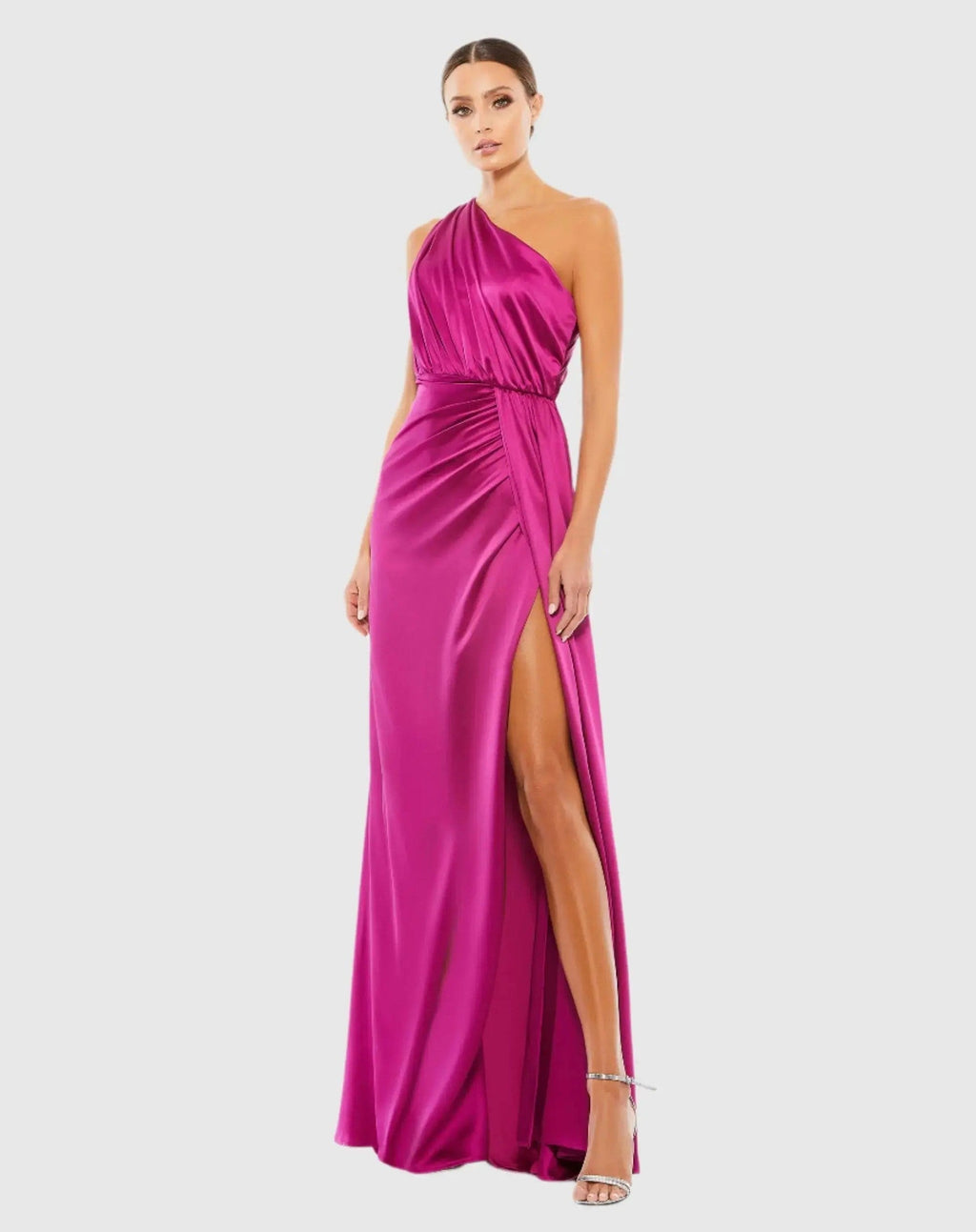Purple Gathered One Shoulder Satin Faux Wrap Gown
