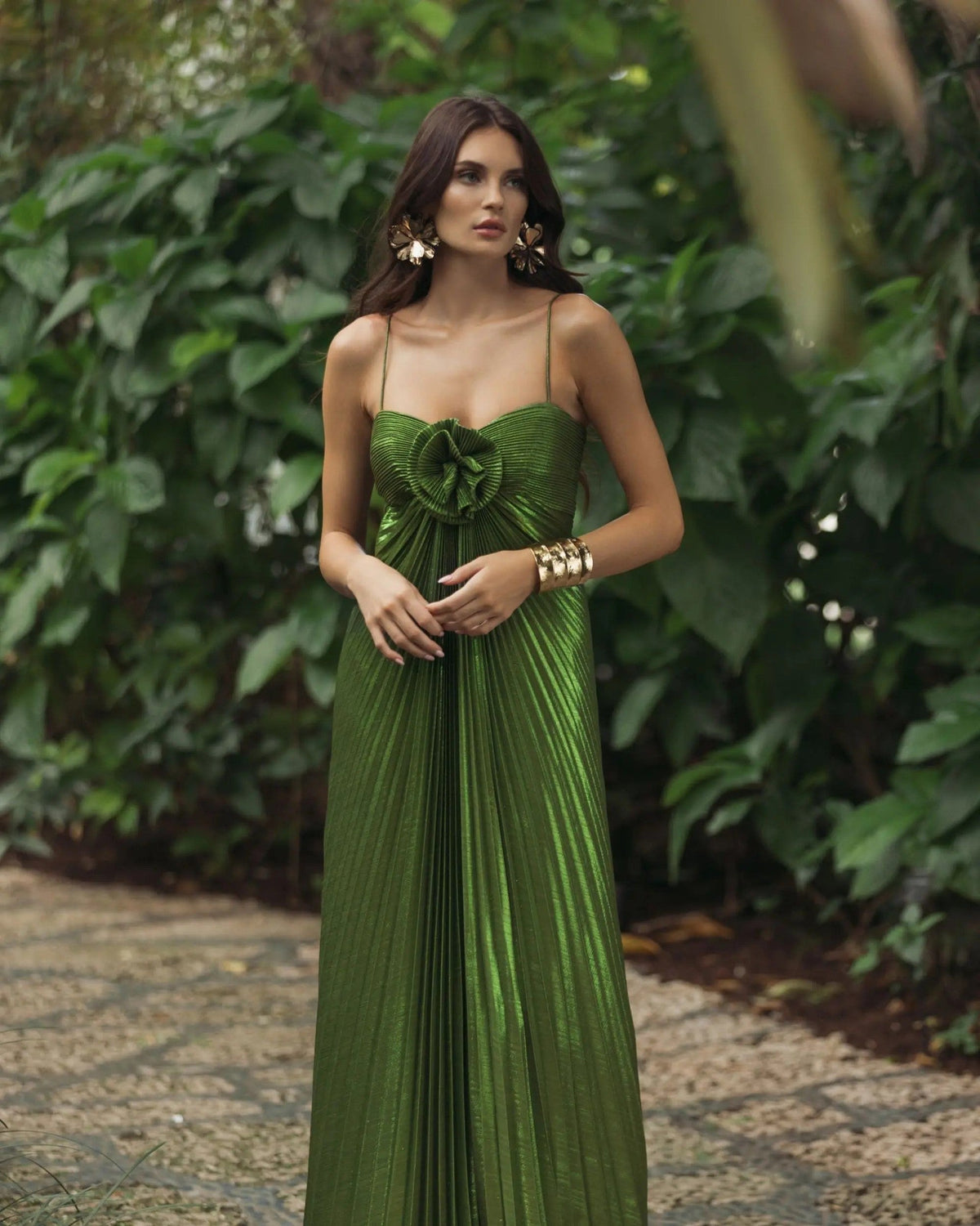 Apple Green Metallic Pleated Gown With 3D Flower