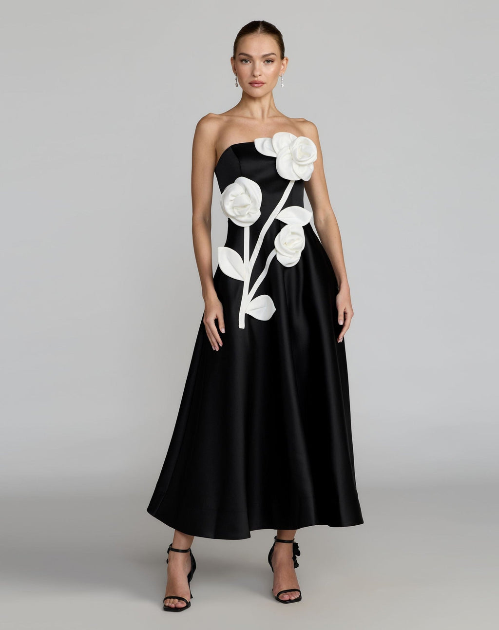 Black Ivory Strapless Satin A-Line Dress With 3D Flowers