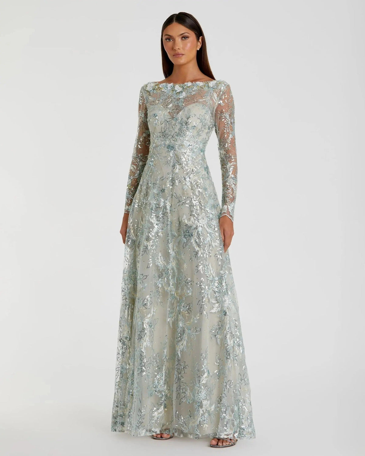 Floral Embroidered Illusion Long Sleeve Gown