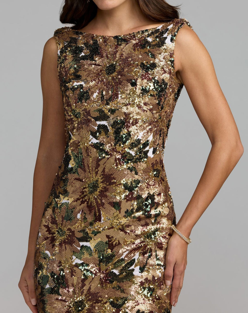 Chocolate Multi Floral Sequin Cowl Back Trumpet Gown