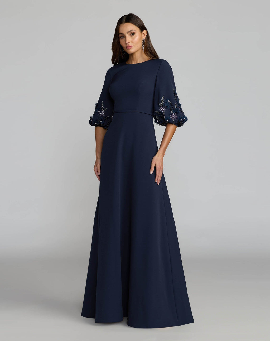 Midnight Multi Crepe A Line Gown with Embellished Puff Sleeves