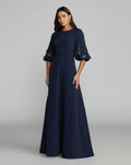 Midnight Multi Crepe A Line Gown with Embellished Puff Sleeves
