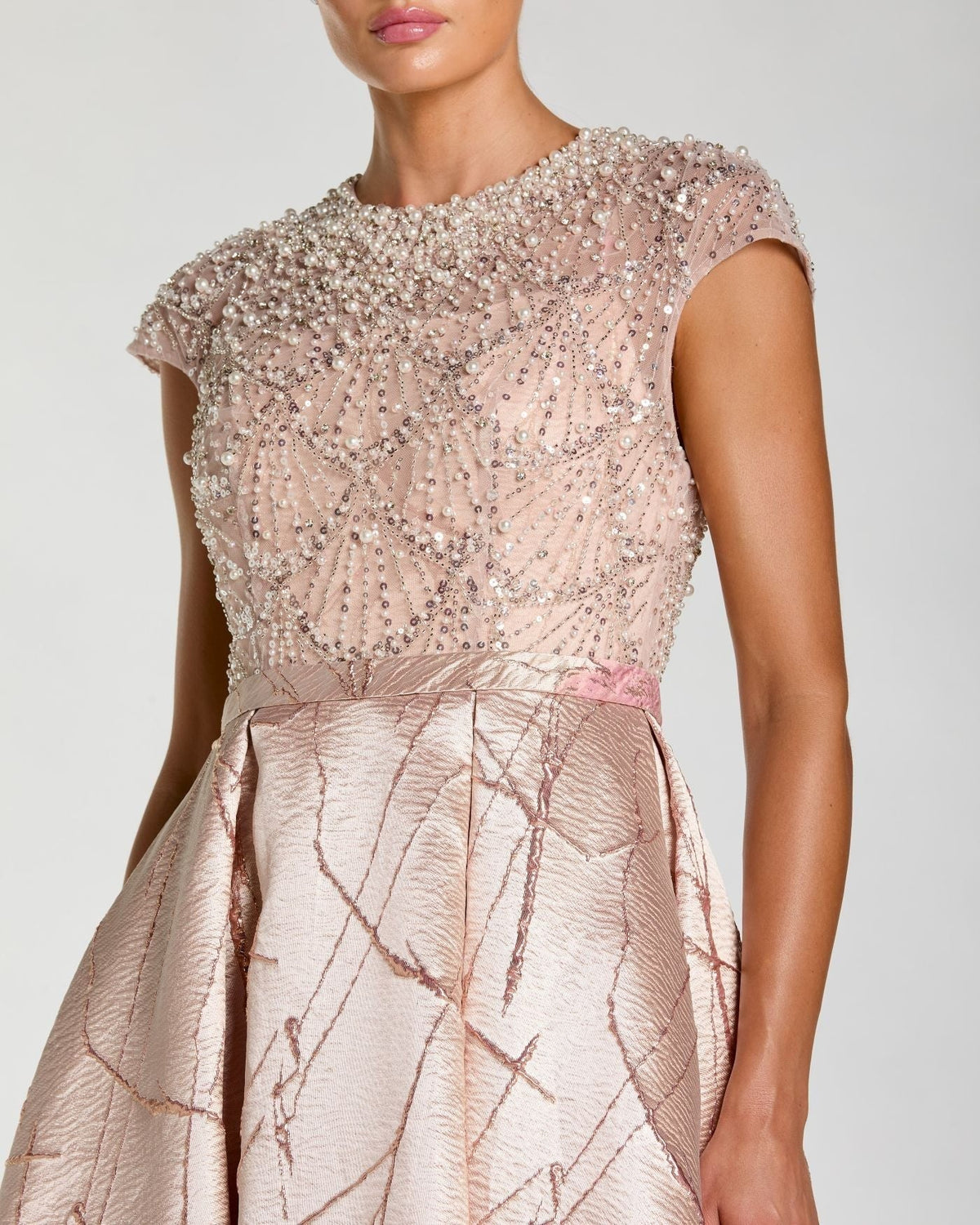 Blush Multi Cap Sleeve Embellished Floral Brocade Ball Gown