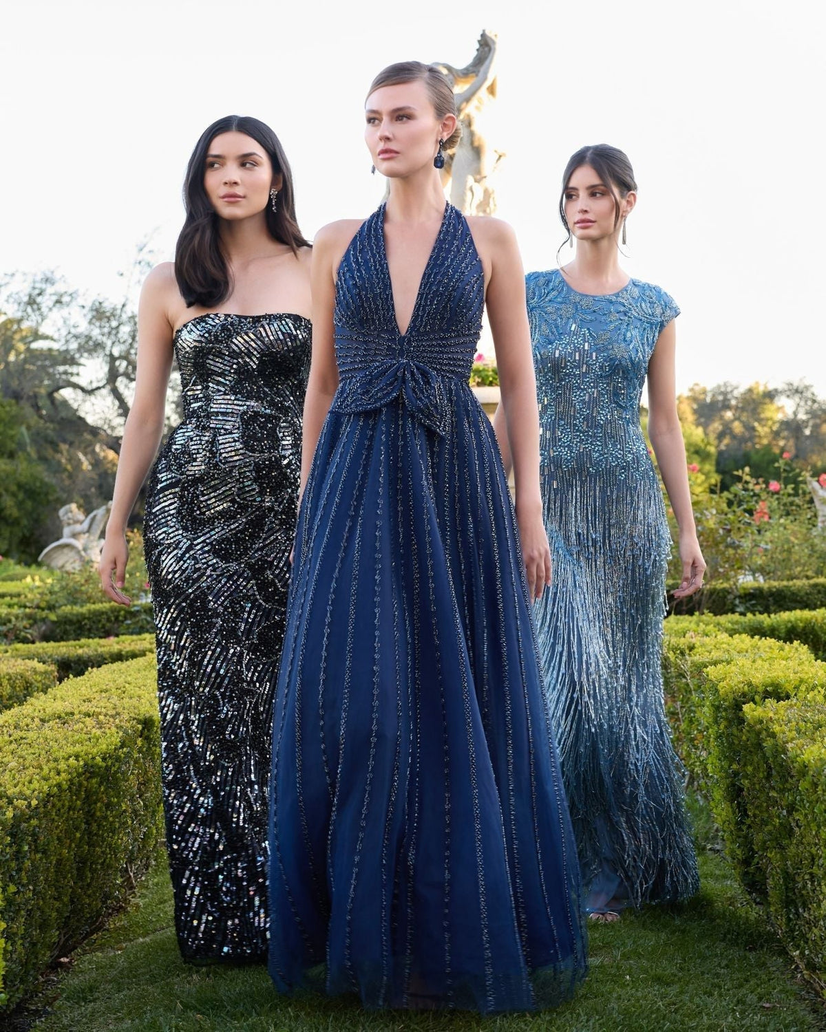 Slate Blue Embellished Cap Sleeve Gown With Fringe Beading