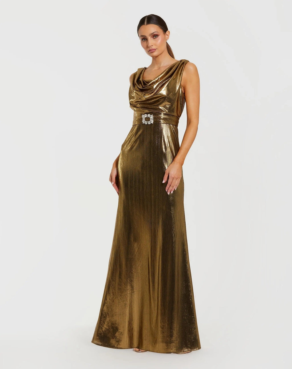Gold Metallic Sleeveless Cowl Neck Trumpet Gown With Belt