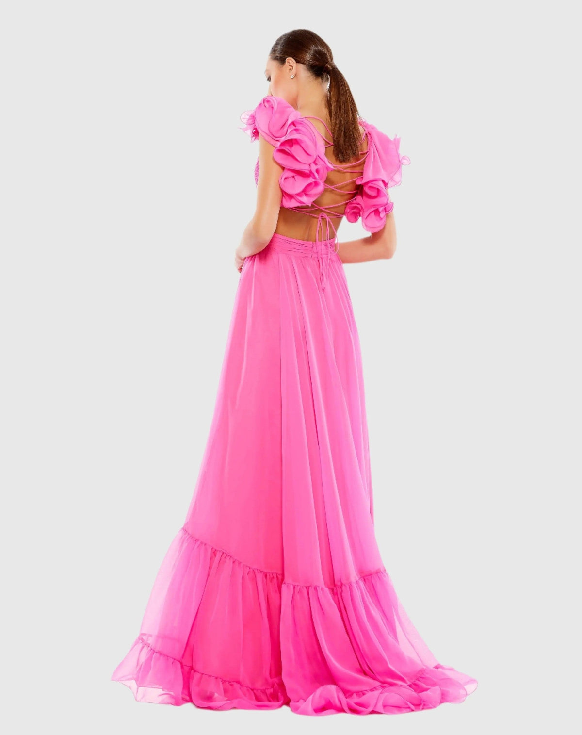 Dark Pink Ruffle Tiered Cut-Out Chiffon Gown