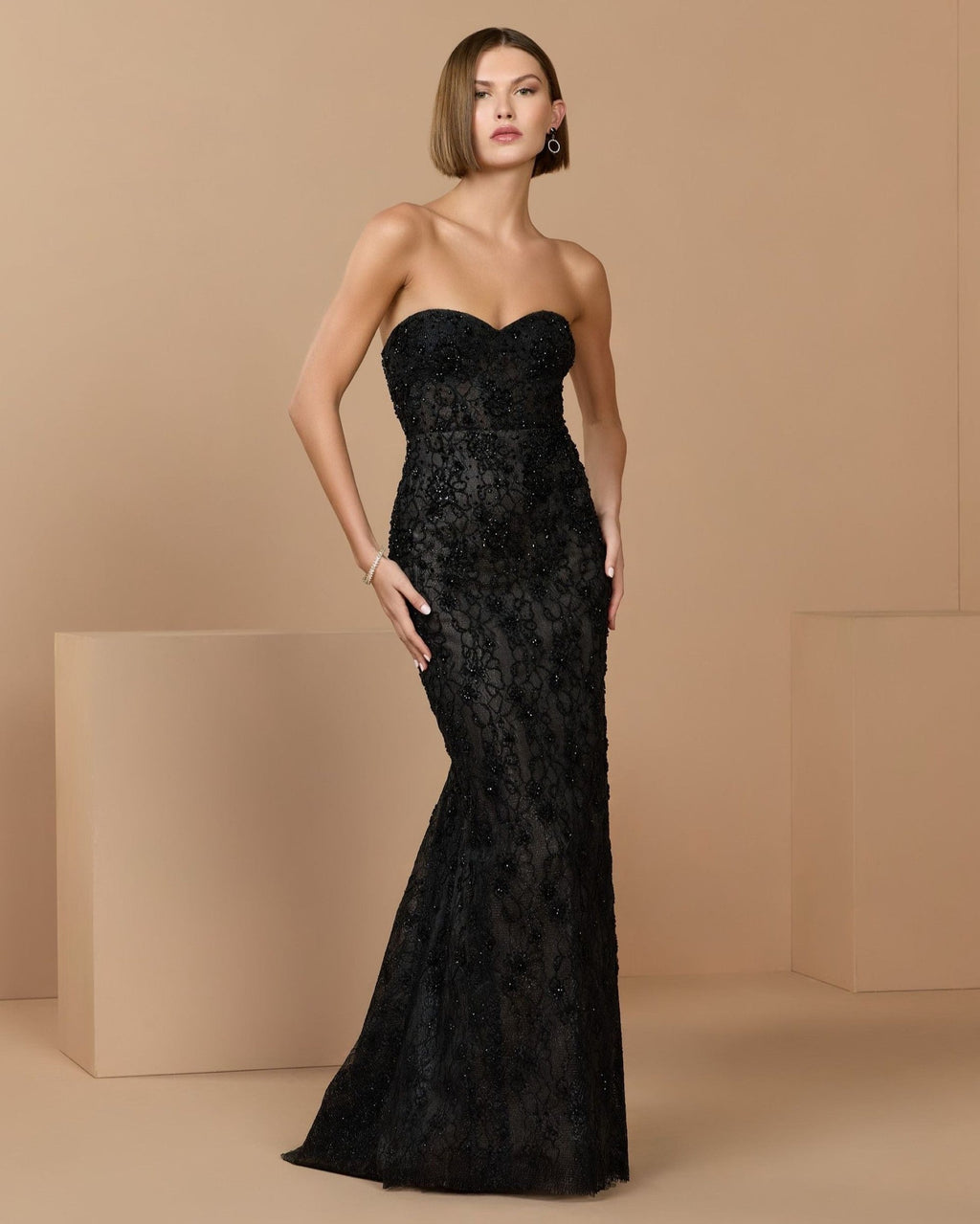 Black Embellished Strapless Bustier Gown With Sweeping Train