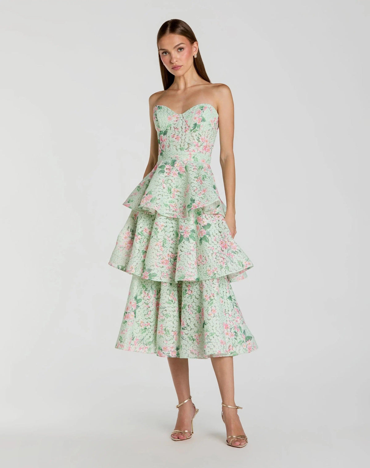 Mint Multi Floral Tiered Strapless Midi Dress