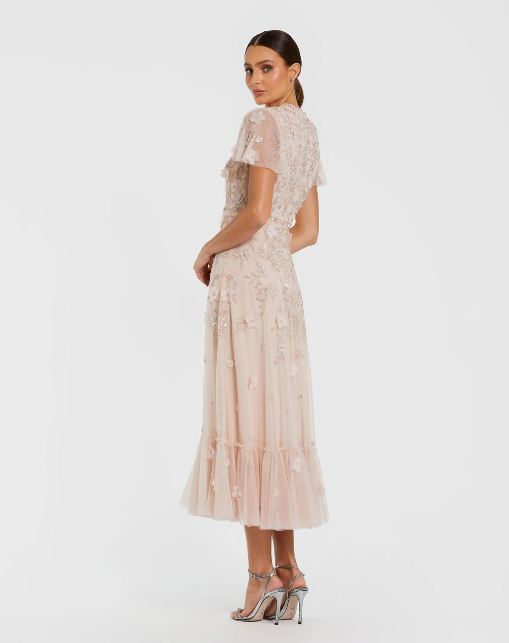 Blush Embellished High Neck Flutter Sleeve A Line Dress