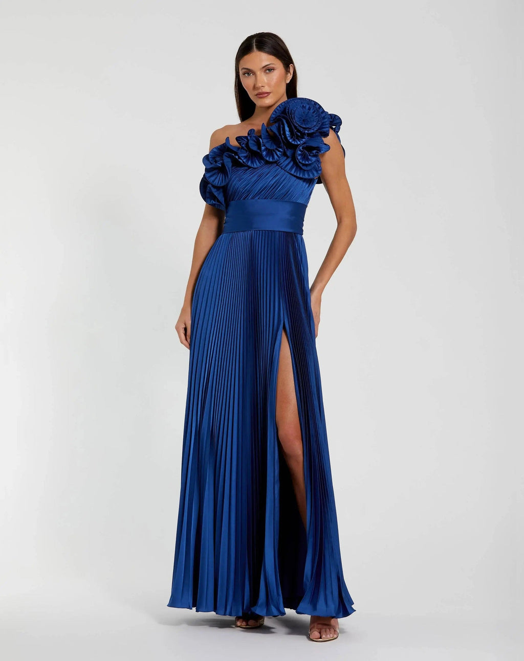 Blue Ruffled One Shoulder Charmeuse Evening Gown