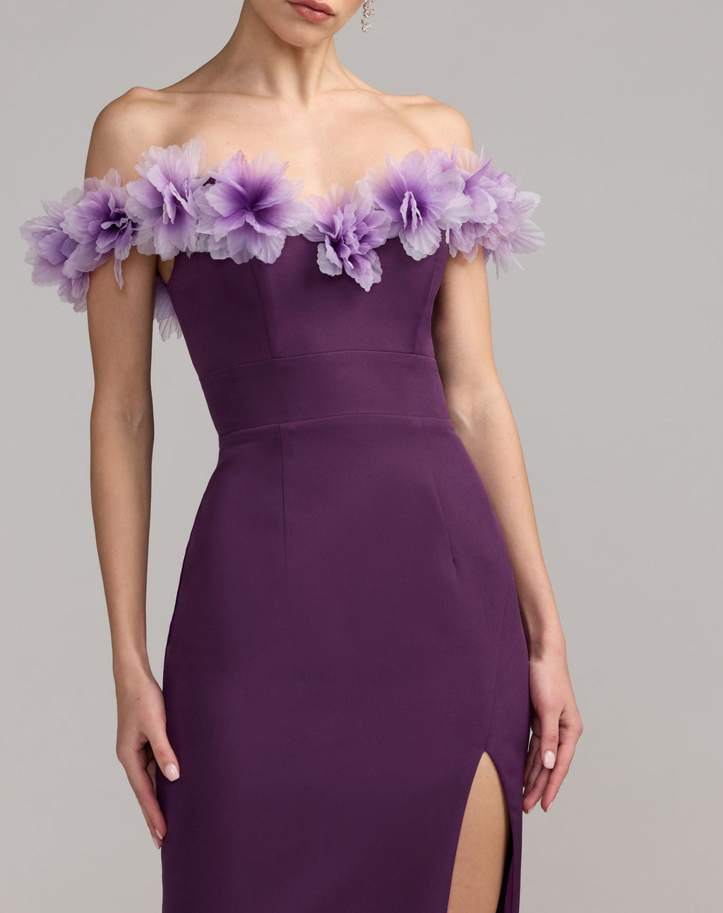 Plum Off The Shoulder Column Gown With 3D Flowers