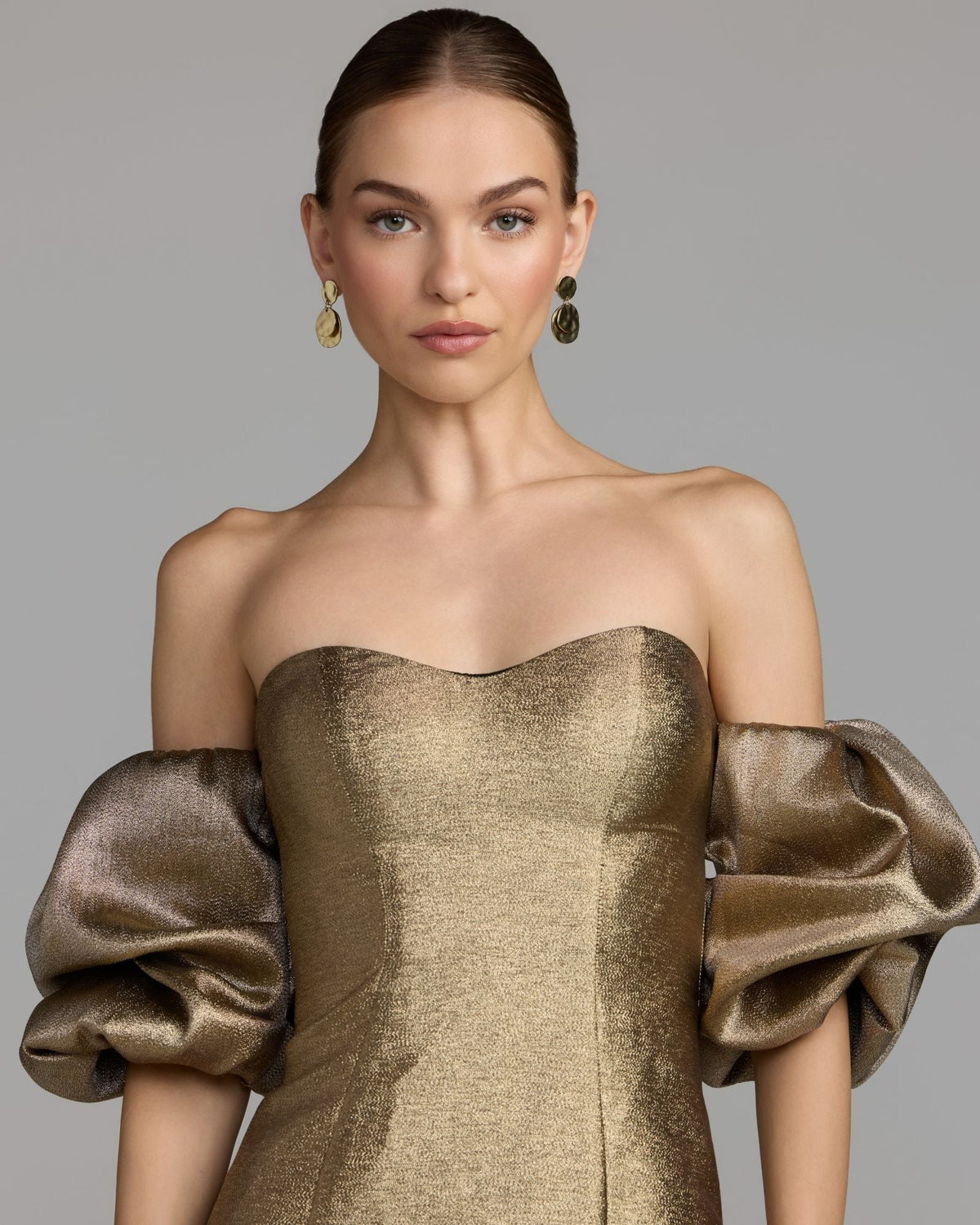 Gold Brocade Off The Shoulder Puff Sleeve Gown