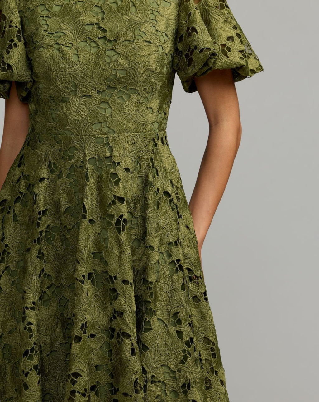 Olive Floral Lace Flutter Sleeve Midi Dress