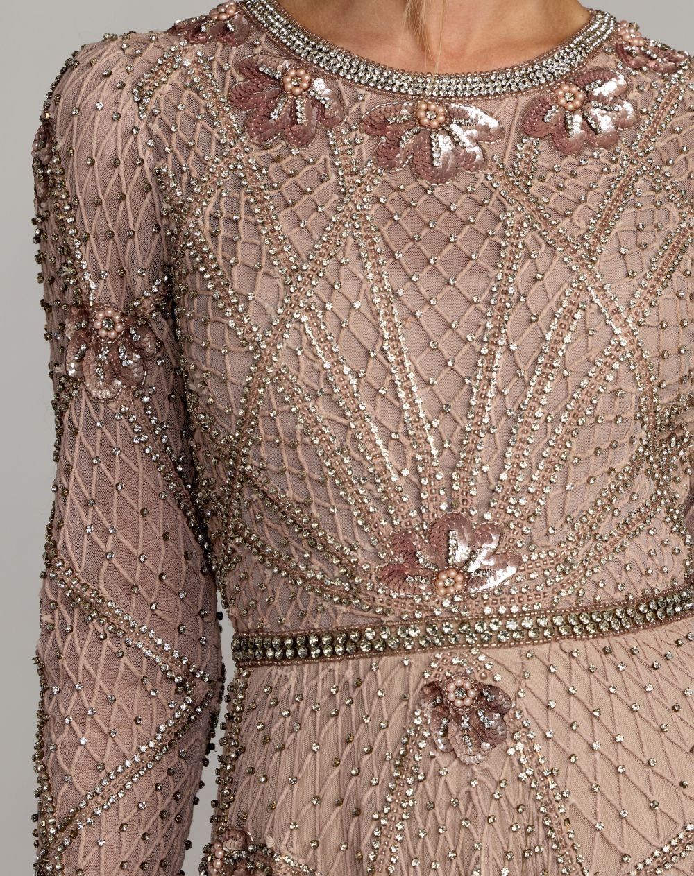 Rose Rhinestone Embellished Long Sleeve A-Line Gown