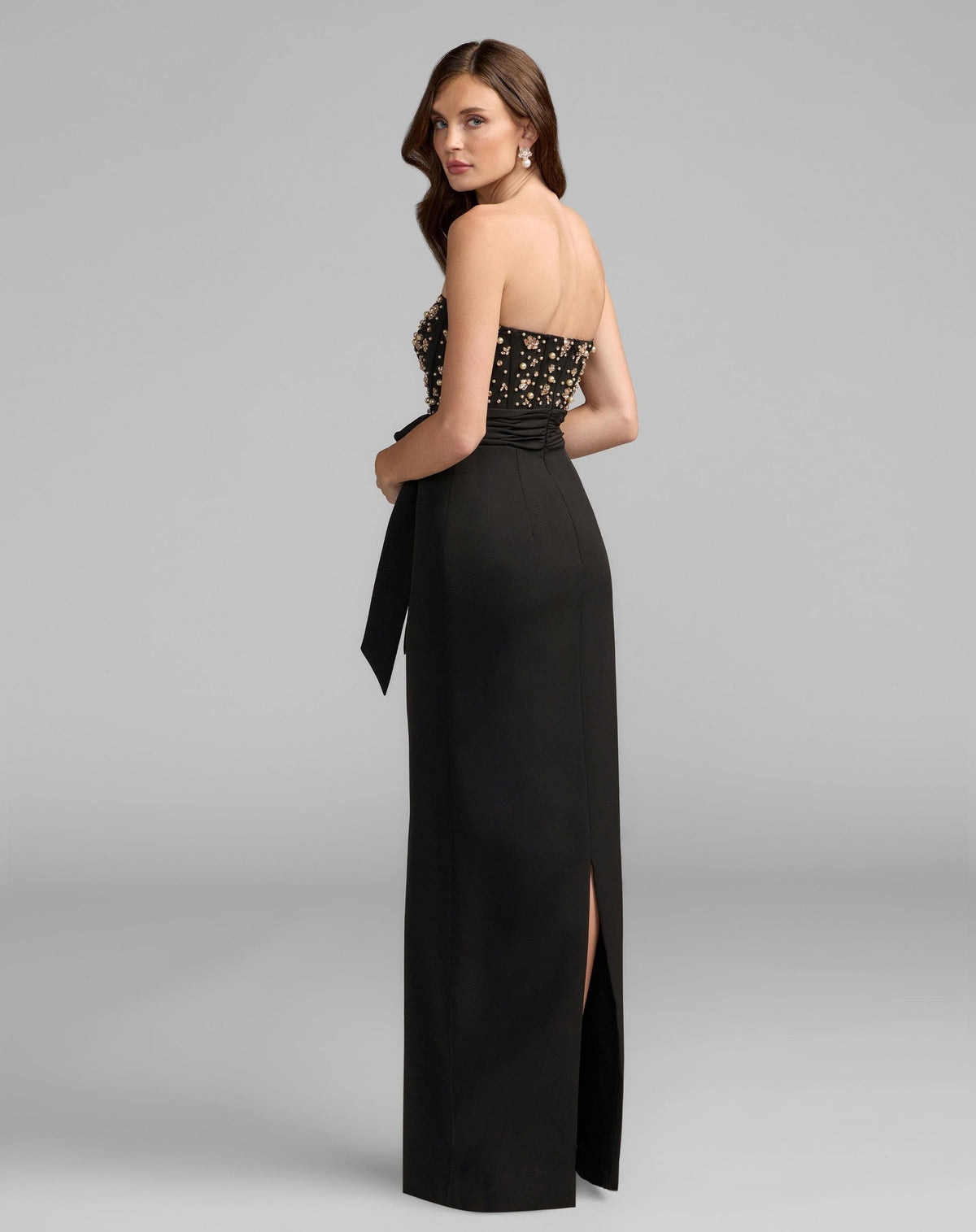 Black Gold Strapless Embellished Bustier Gown with Bow