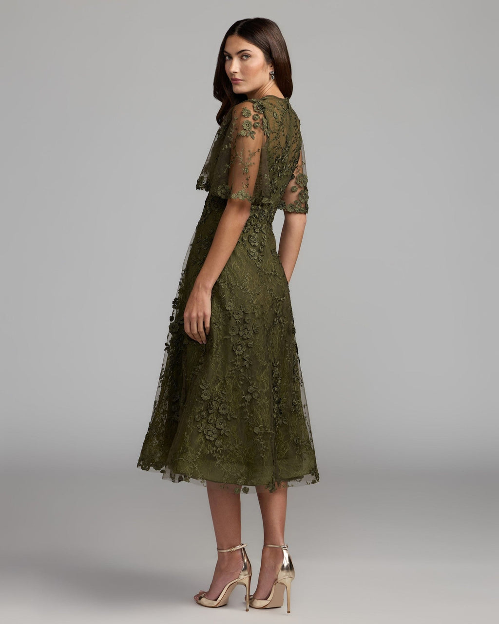 Olive Flutter Sleeve Embroidered Midi Dress