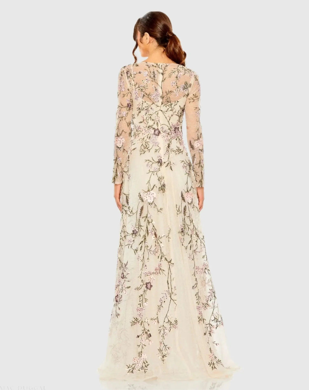 Beige V-Neck Long Sleeve Embroidered A-Line Floral Gown