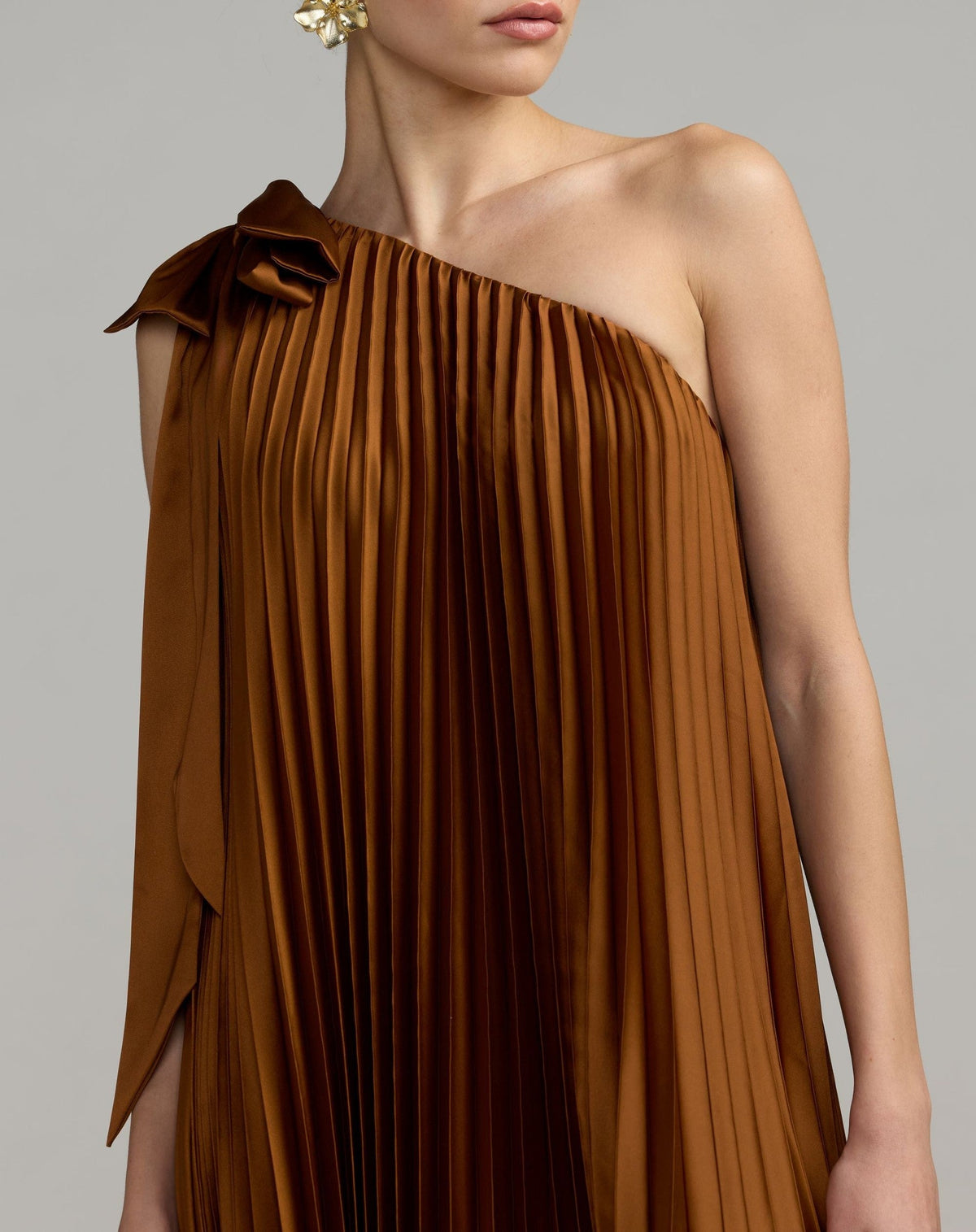 Nutmeg Pleated One Shoulder High Low Trapeze Gown
