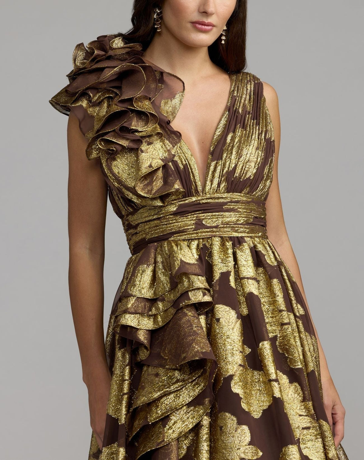 Chocolate Metallic V-Neck Ruffle Detail Ball Gown