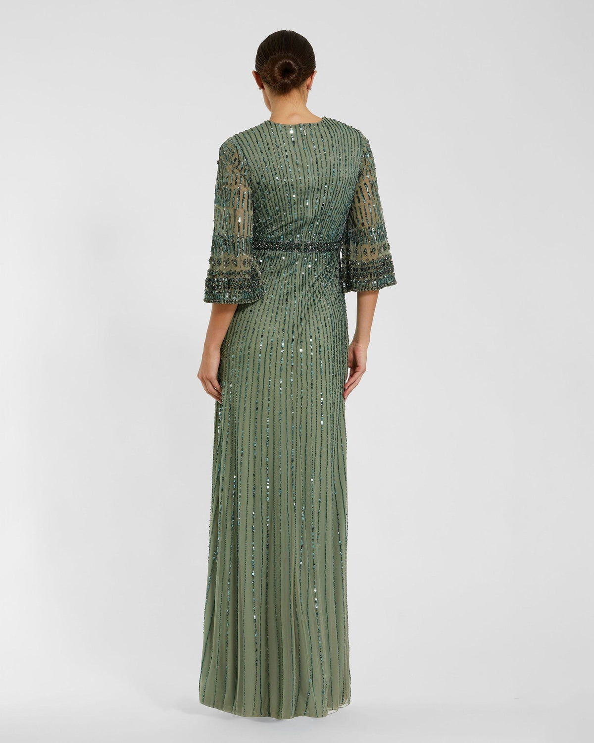 Seafoam High Neck Embellished Gown With 3/4 Sleeves
