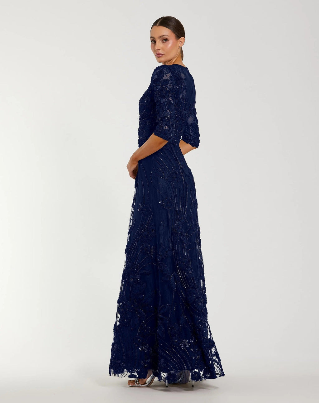 Navy High Neck Embellished Lace Gown With 3/4 Sleeves