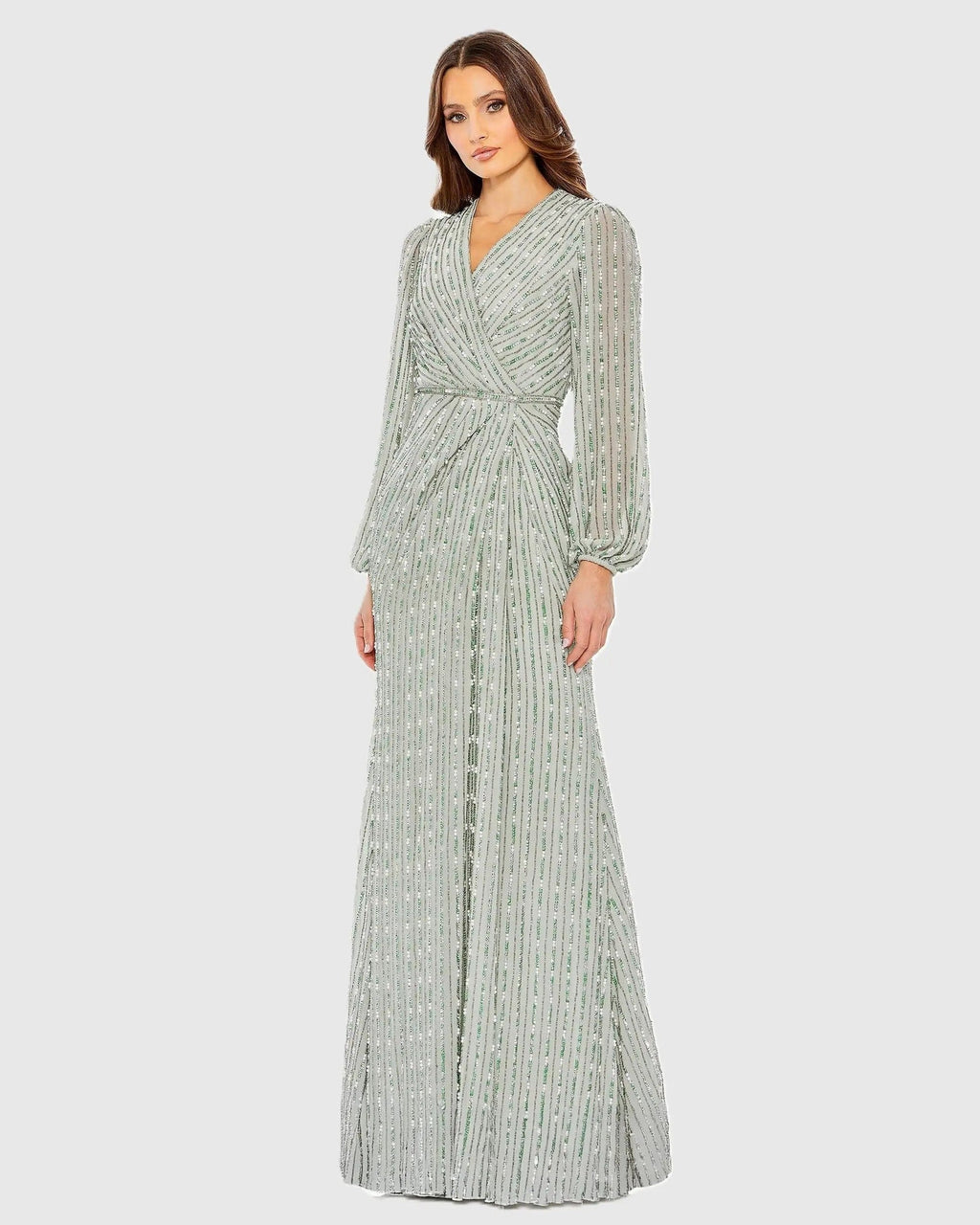 Sage Beaded Bishop Sleeve Wrap Gown