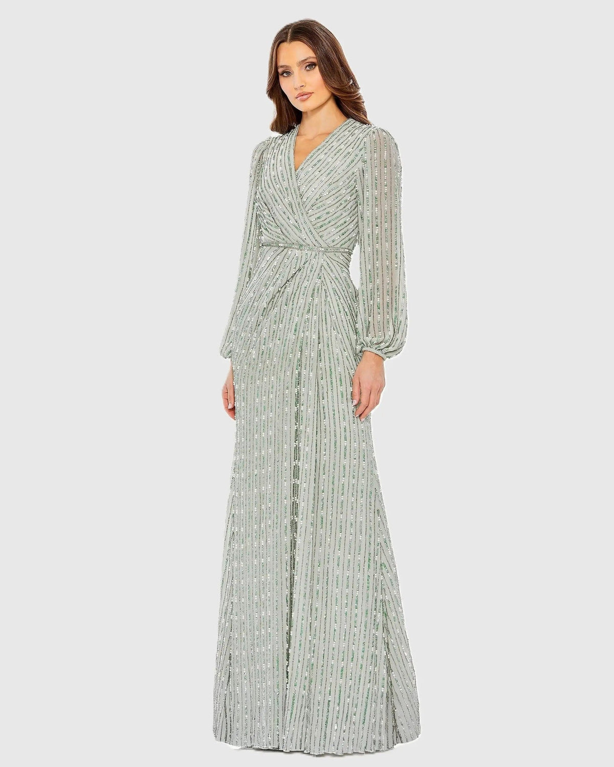 Sage Beaded Bishop Sleeve Wrap Gown
