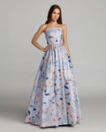 Blue Multi Floral Brocade Strapless Ball Gown