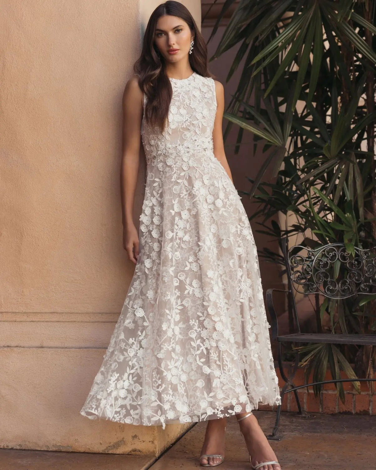 Ivory Nude Floral Embroidered High Neck Midi Dress