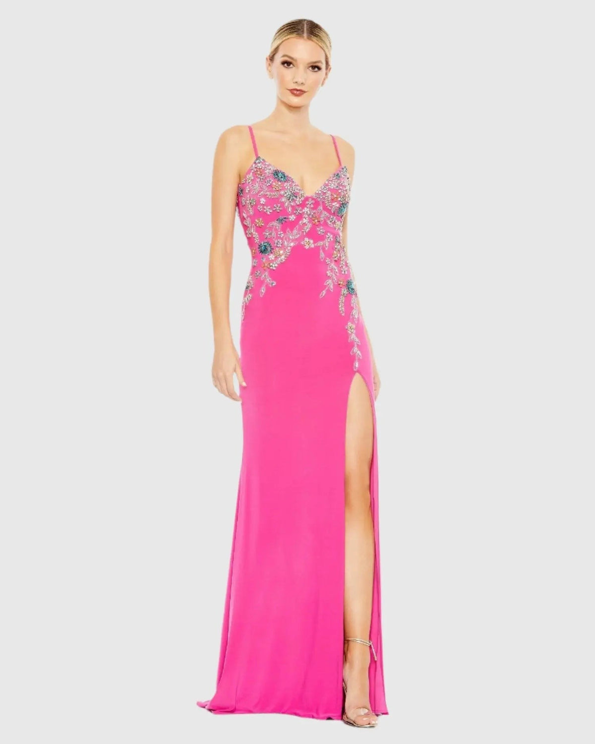 Pink Multi Color Beaded Floral Cami Gown