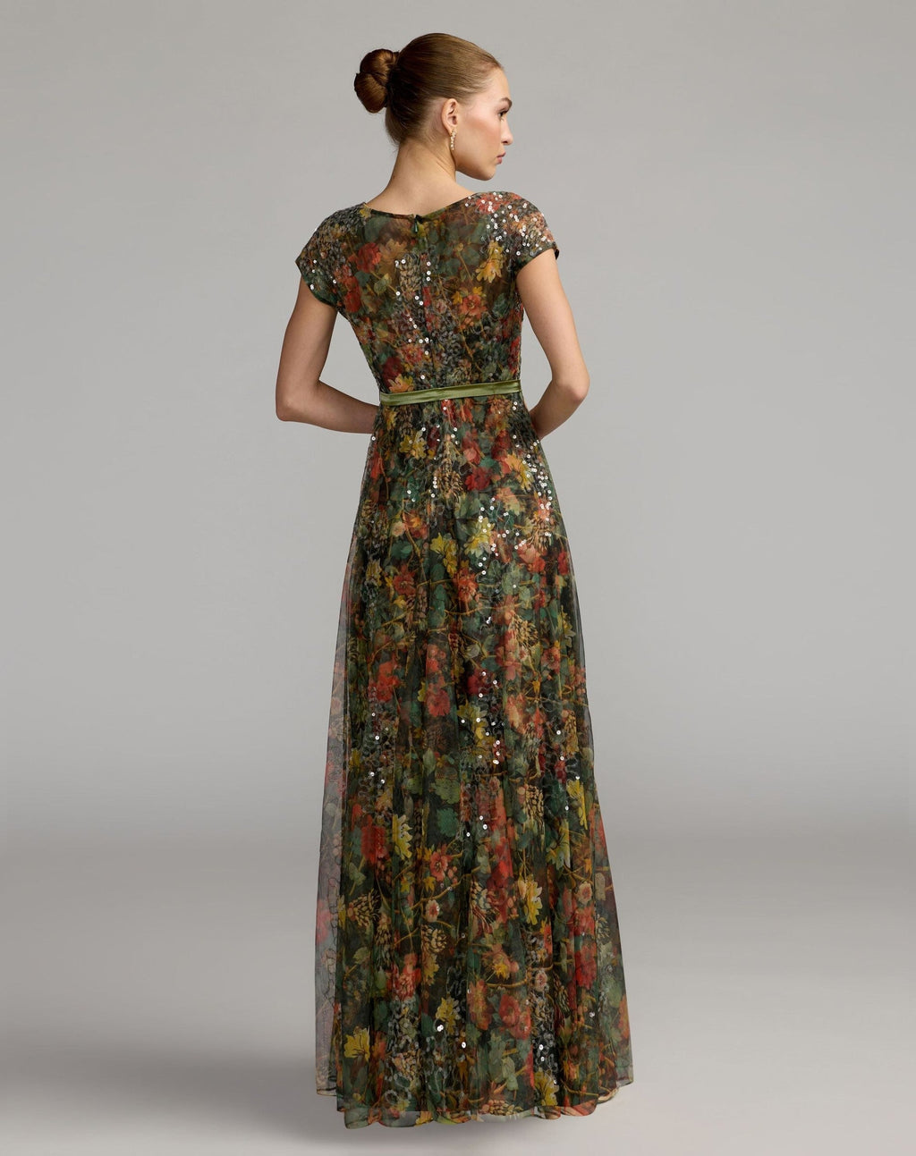 Charcoal Multi Floral Cap Sleeve A-Line Gown