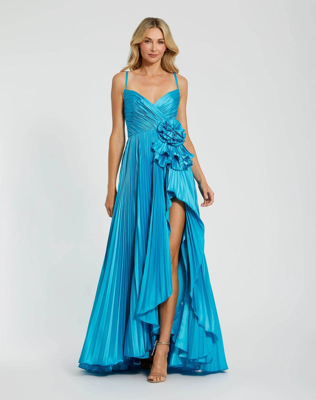 Turquoise Pleated High Low Gown with Rosette