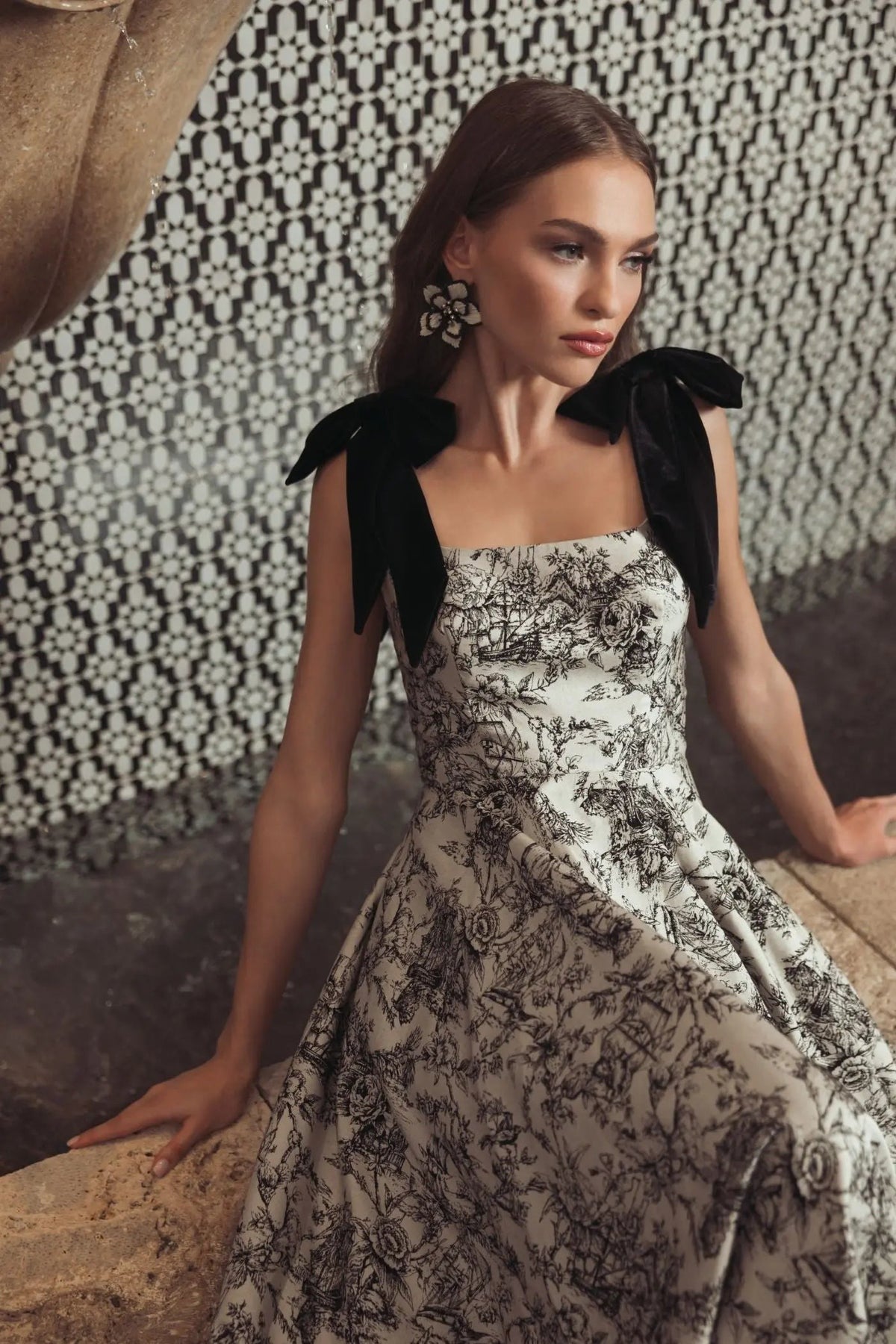 Black Ivory Printed A Line Midi Dress With Bow Straps
