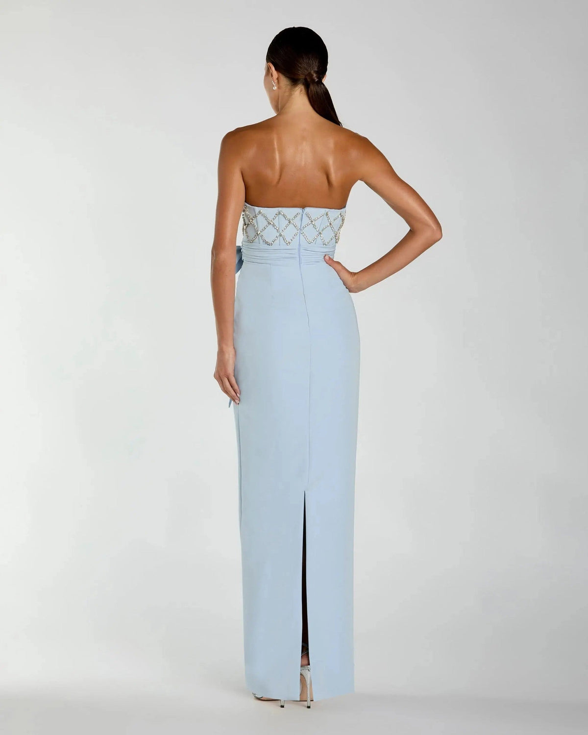 Powder Blue Strapless Embellished Crepe Gown With Bow